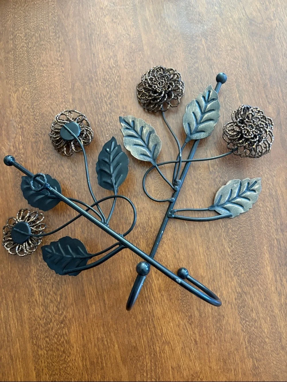 Metal Floral Wall Hooks in Bronze Finish - Set of 2